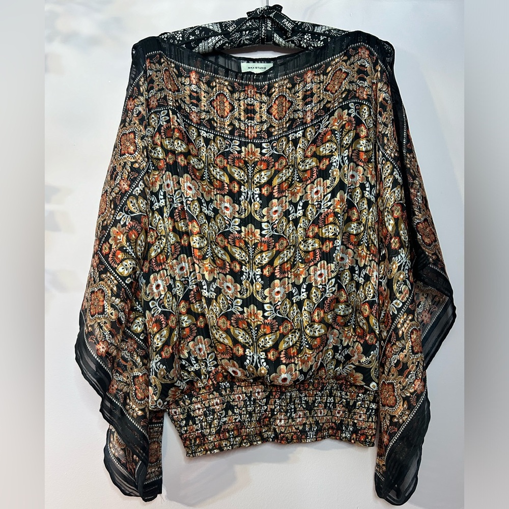 Floral flowy silky gold top